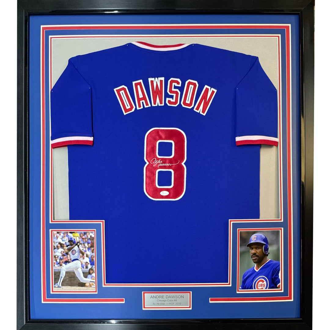 Framed Autographed/Signed Andre Dawson 35x39 Chicago Blue Jersey JSA COA