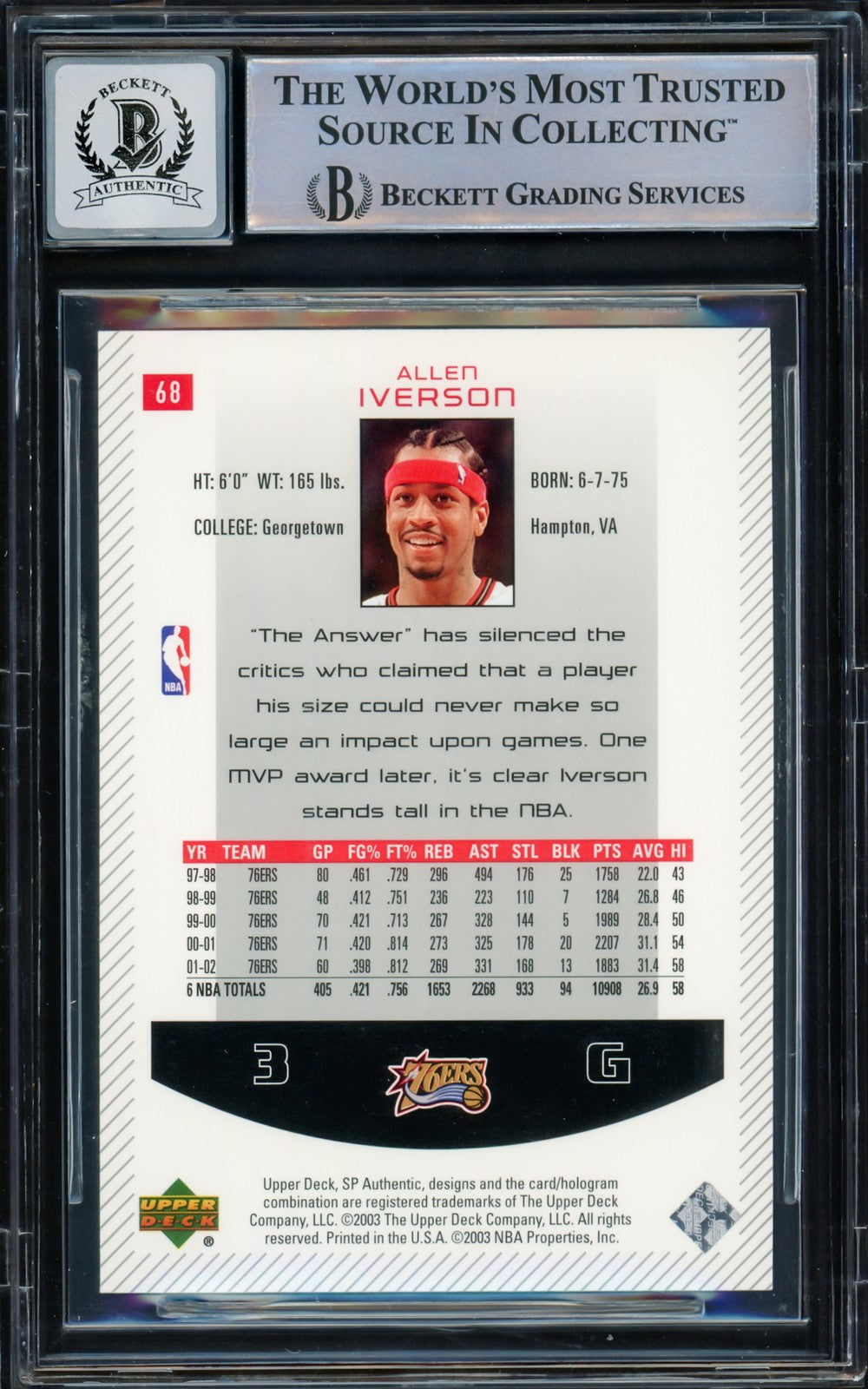 Allen Iverson Auto 2002-03 SP Authentic Card 68 76ers Auto 10 Beckett Witnessed