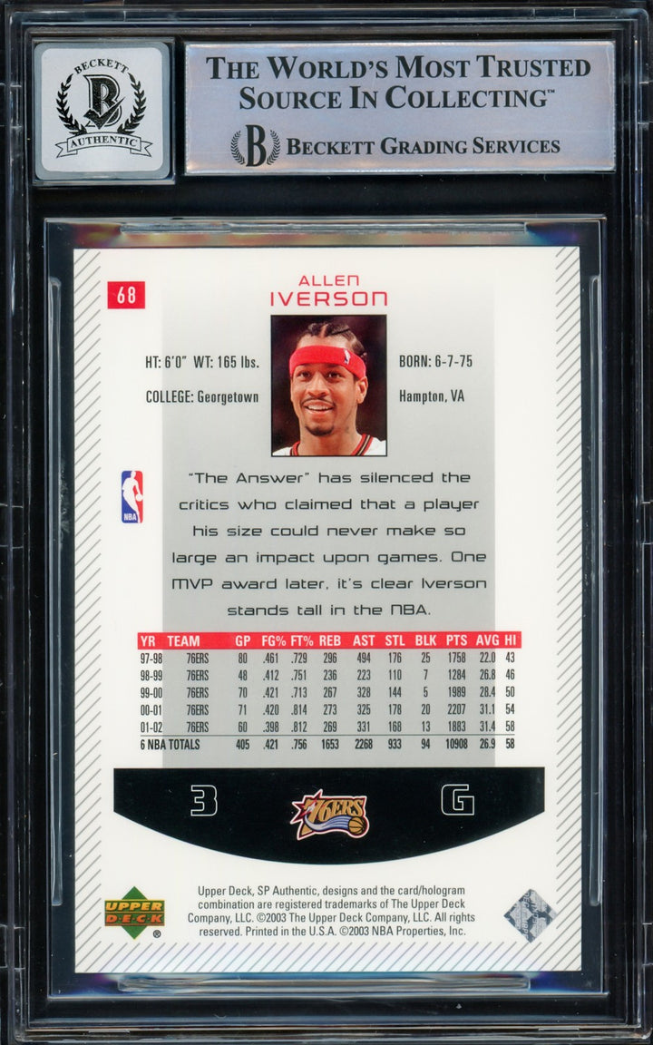 Allen Iverson Auto 2002-03 SP Authentic Card 68 76ers Auto 10 Beckett Witnessed