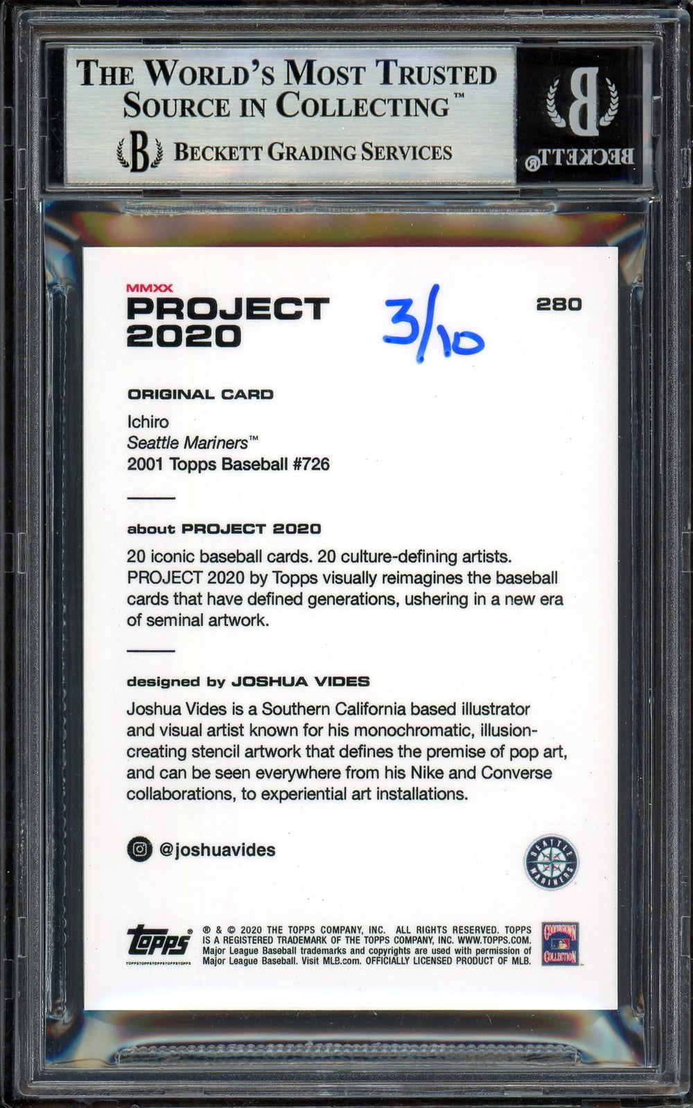 Ichiro Suzuki Auto Topps Project 2020 Joshua Vides Card 280 Mariners /10 BAS