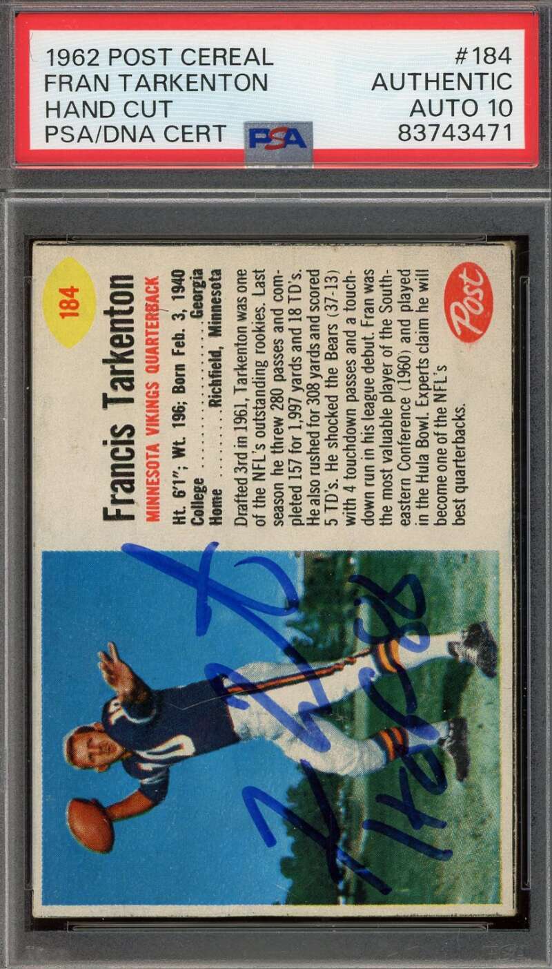 Fran Tarkenton Gem Mint 10 PSA DNA Signed 1962 Post Cereal Rookie Autograph