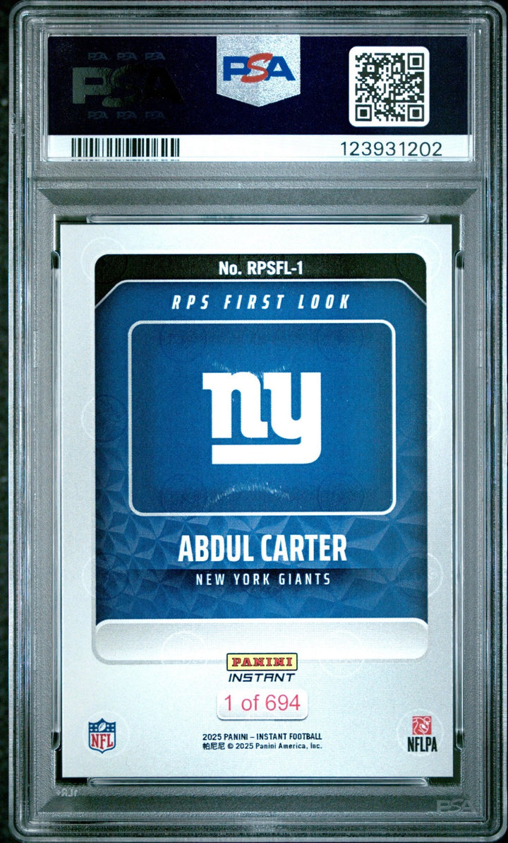 Graded 2025 Panini Abdul Carter #RPSFL1 RPS First Look RC Card PSA 10