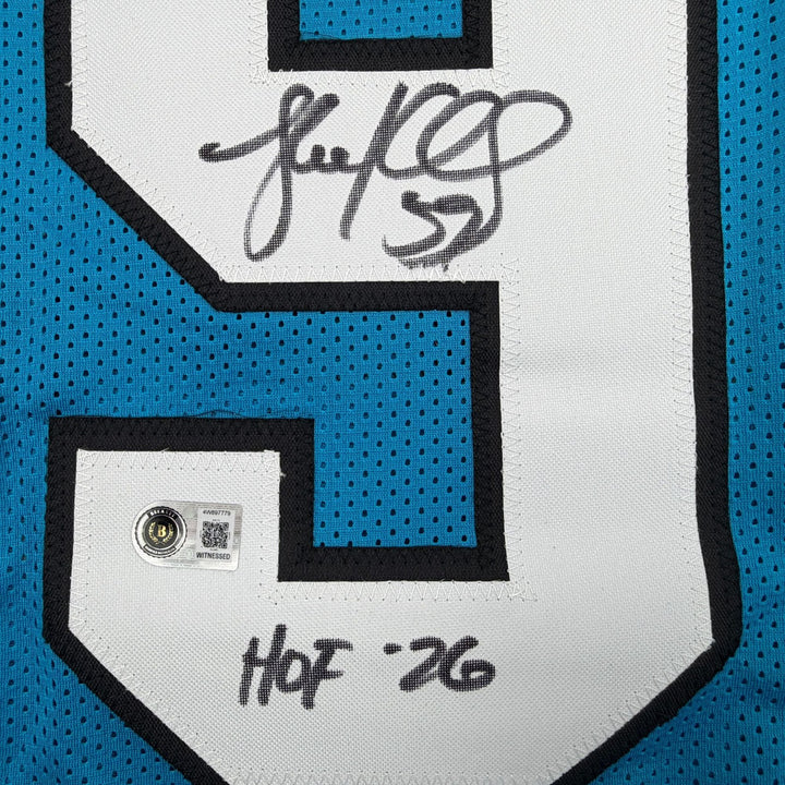 Autographed/Signed Luke Kuechly HOF 26 Carolina Blue Jersey Beckett BAS COA