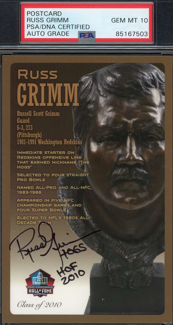 Russ Grimm Gem Mint 10 PSA DNA Signed HoF Bronze Bust Postcard /150 Autograph