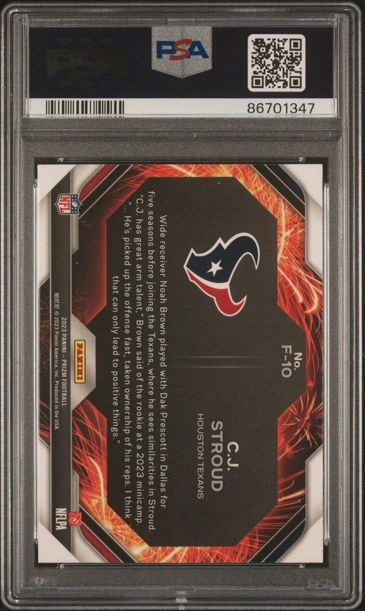 Graded 2023 Panini Prizm CJ Stroud #F10 Fireworks Rookie RC Football Card PSA 10