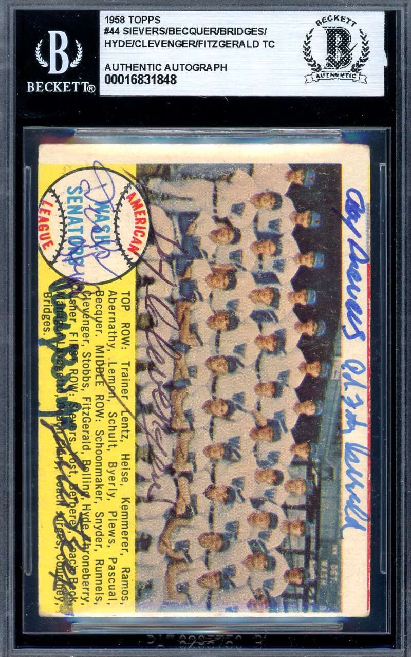 Sievers Becquer Bridges Hyde Beckett BAS Signed By 6 1958 Topps Team Autograph