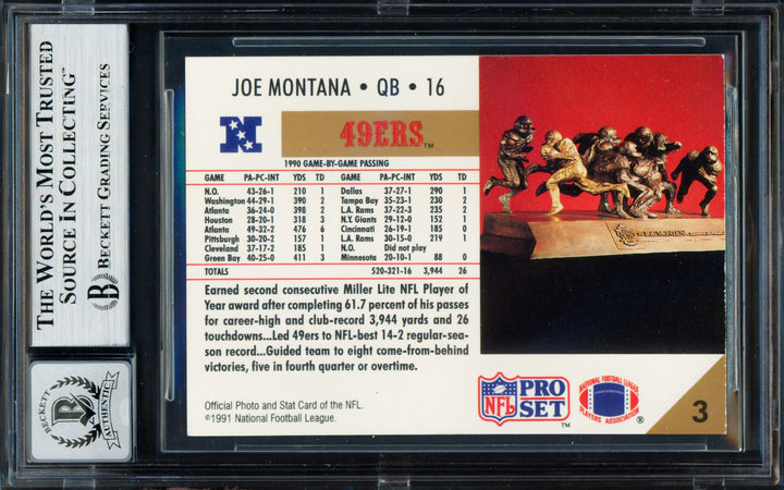 Joe Montana Signed 1991 Pro Set Card 3 San Francisco 49ers Auto GM 10 Beckett