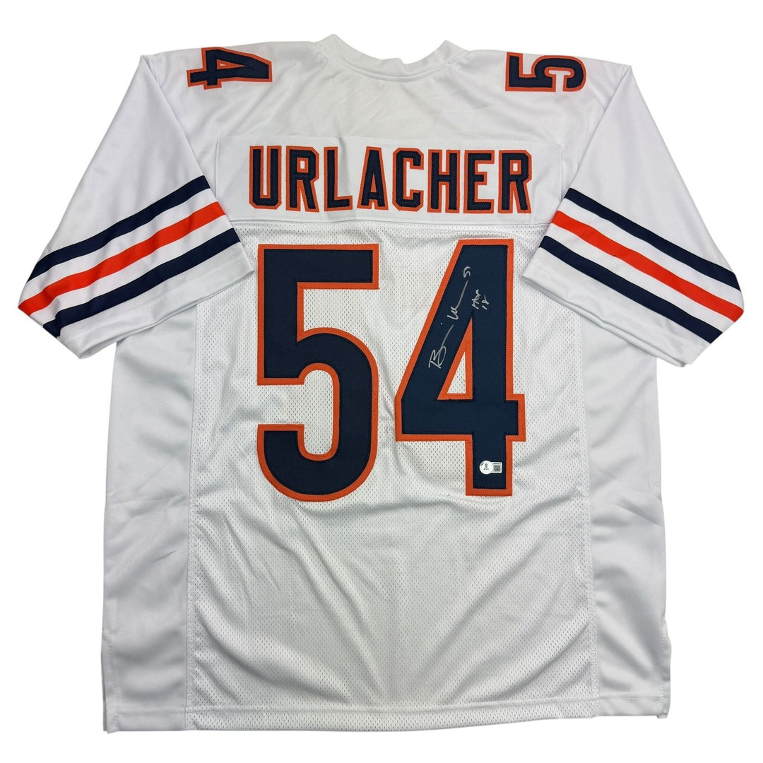 Autographed/Signed Brian Urlacher HOF 18 Chicago White Football Jersey BAS COA