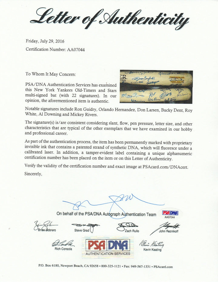 NY YANKEES OLD TIMERS SIGNED BAT GUIDRY LARSEN RIVERS DENT TORREZ LOPEZ WHITE +