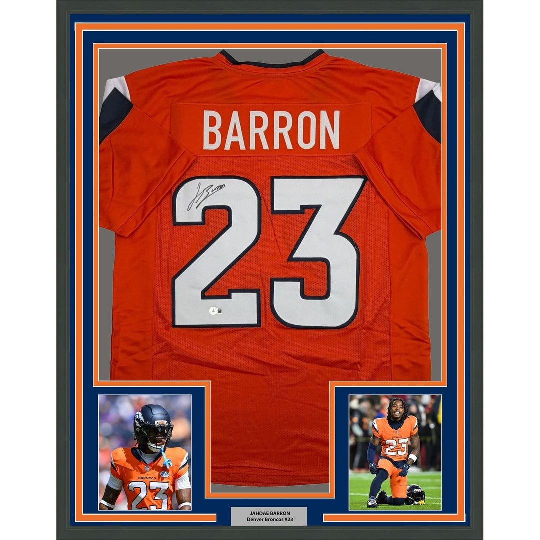 Framed Autographed/Signed Jahdae Barron 35x39 Denver Orange Jersey BAS COA