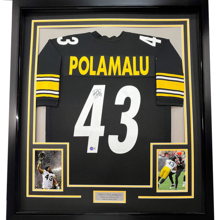 FRAMED Autographed/Signed TROY POLAMALU 33x42 Pittsburgh Black Jersey JSA COA