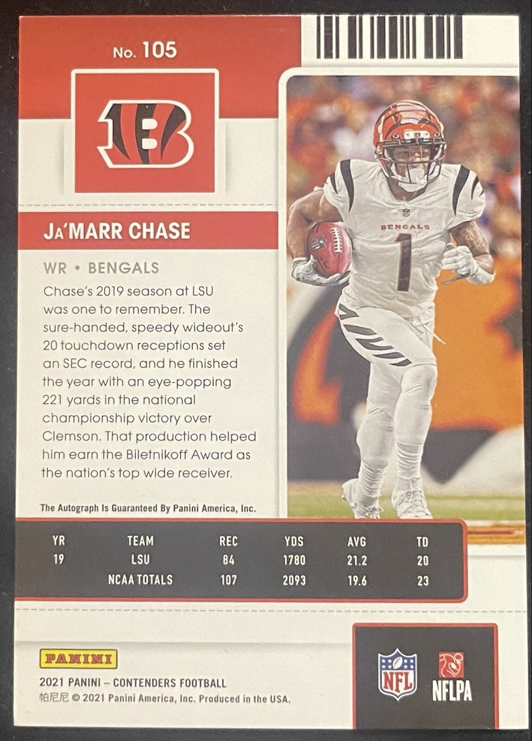 Ja’Marr Chase Signed 2021 Panini Contenders On Card Autograph /49 Rookie Bengals