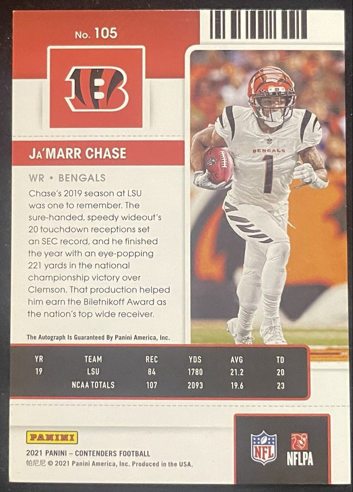 Ja’Marr Chase Signed 2021 Panini Contenders On Card Autograph /49 Rookie Bengals