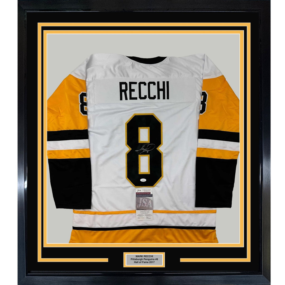 Framed Autographed/Signed Mark Recchi 33x42 Pittsburgh White Jersey JSA COA