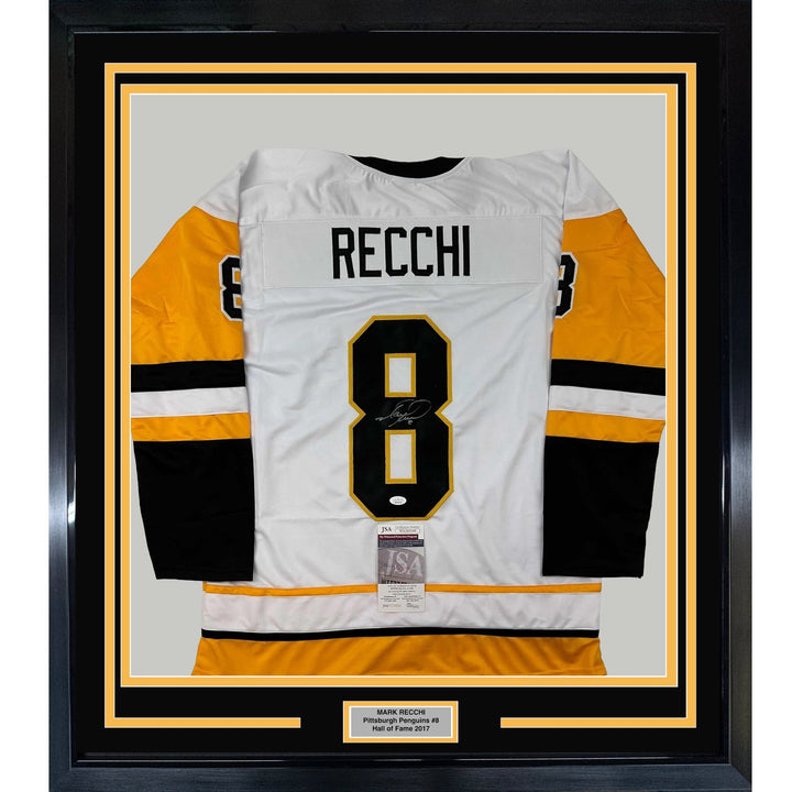 Framed Autographed/Signed Mark Recchi 33x42 Pittsburgh White Jersey JSA COA