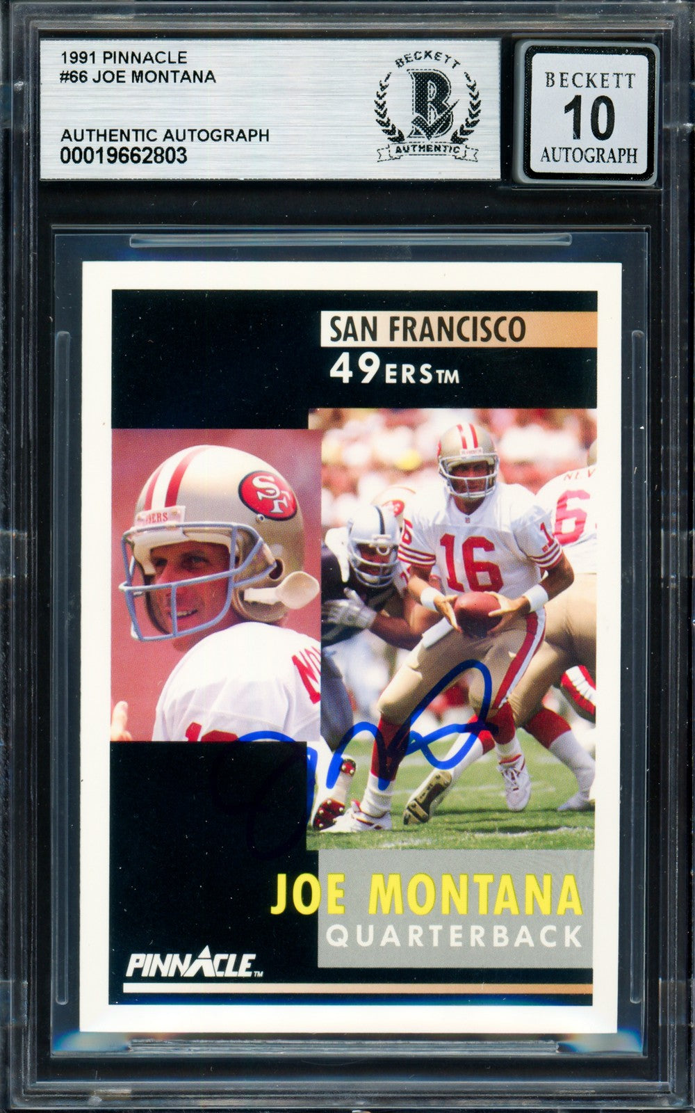Joe Montana Signed 1991 Pinnacle Card 66 San Francisco 49ers Auto GM 10 Beckett