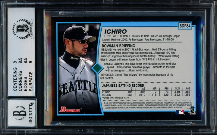 Ichiro Suzuki Auto 2001 Bowman Draft Picks RC BDP84 Mariners BGS 8.5 Sig 10 BAS