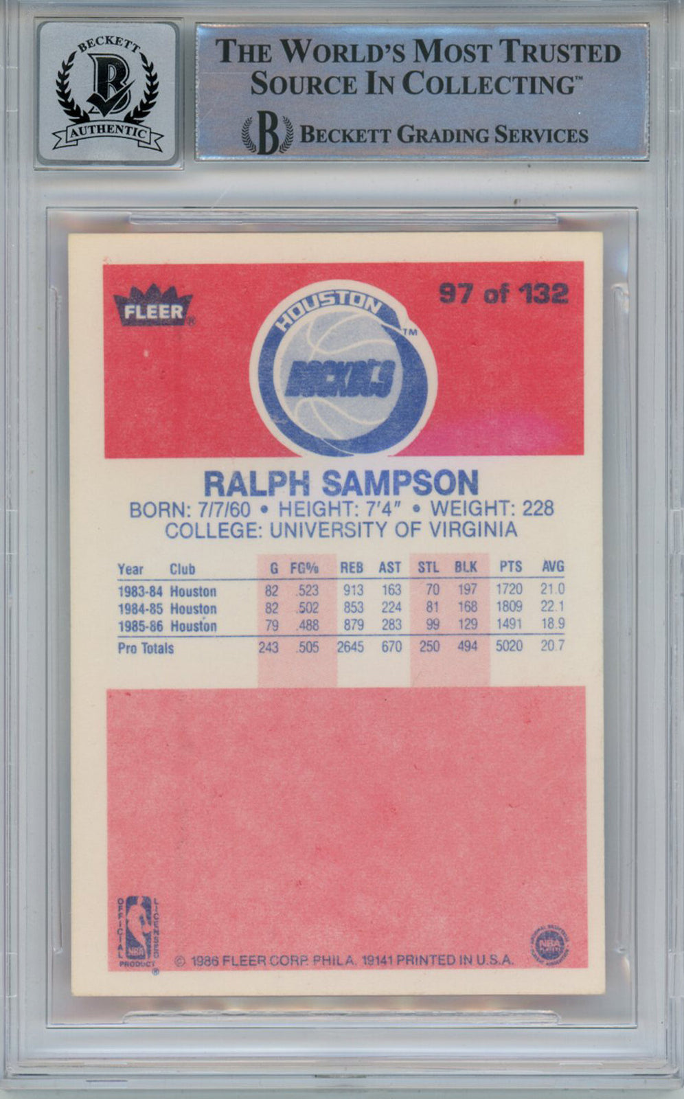 Ralph Sampson Signed 1986-87 Fleer #97 Rookie Card Beckett 10 Slab 42898