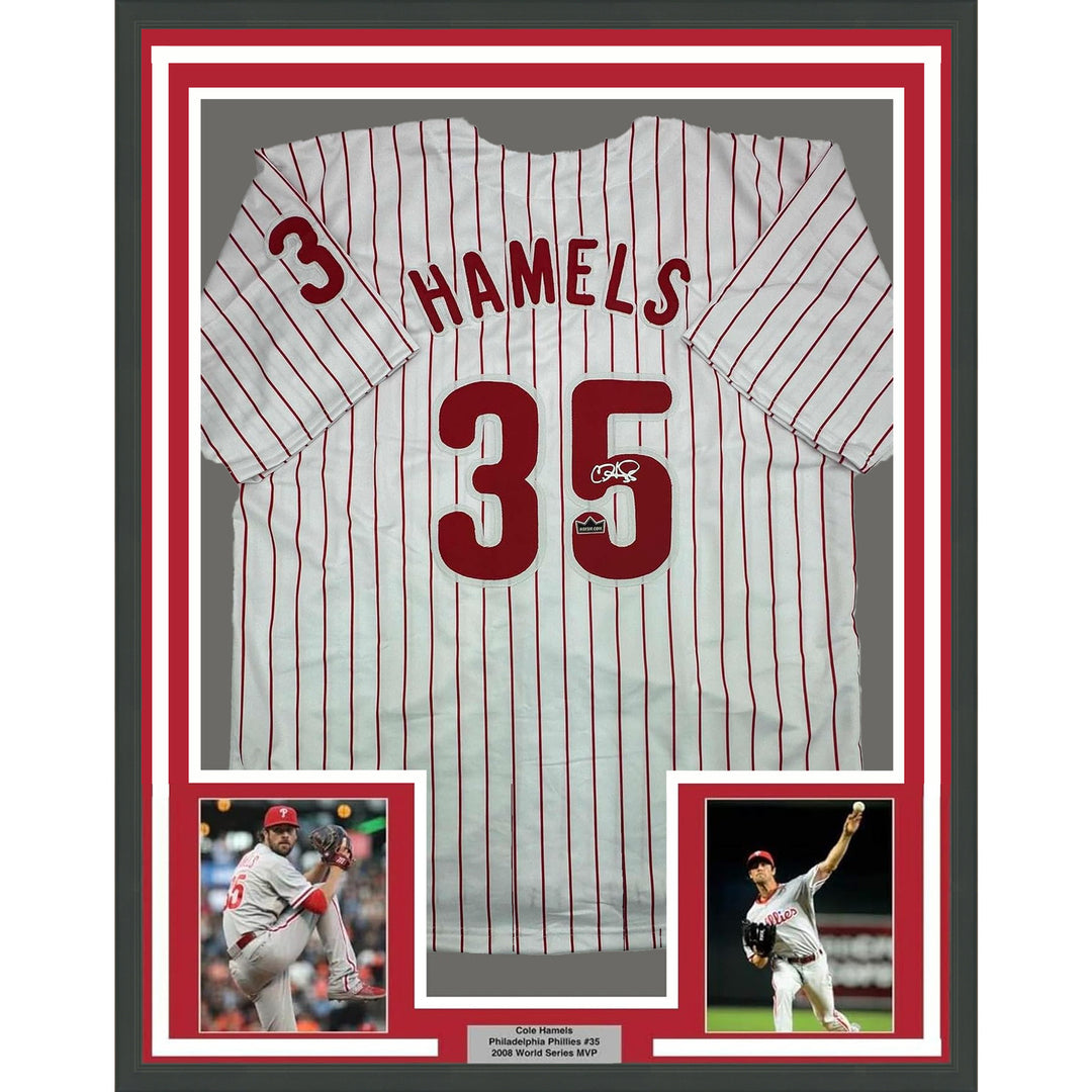 Framed Facsimile Autographed Cole Hamels 35x39 Philadelphia Reprint Jersey