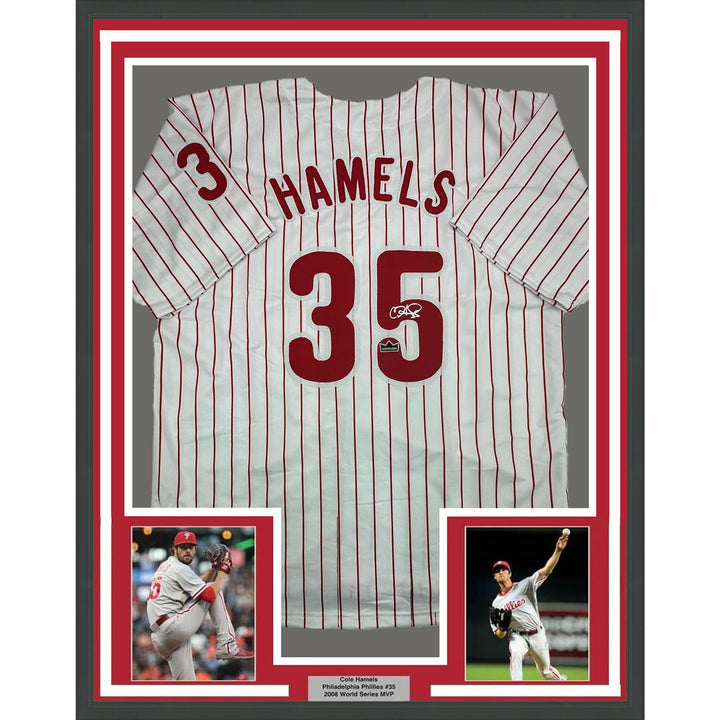 Framed Facsimile Autographed Cole Hamels 35x39 Philadelphia Reprint Jersey