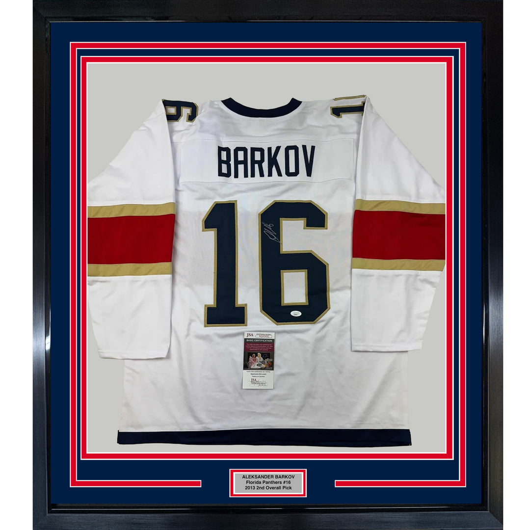 Framed Autographed/Signed Aleksander Barkov 35x39 Florida White Jersey JSA COA