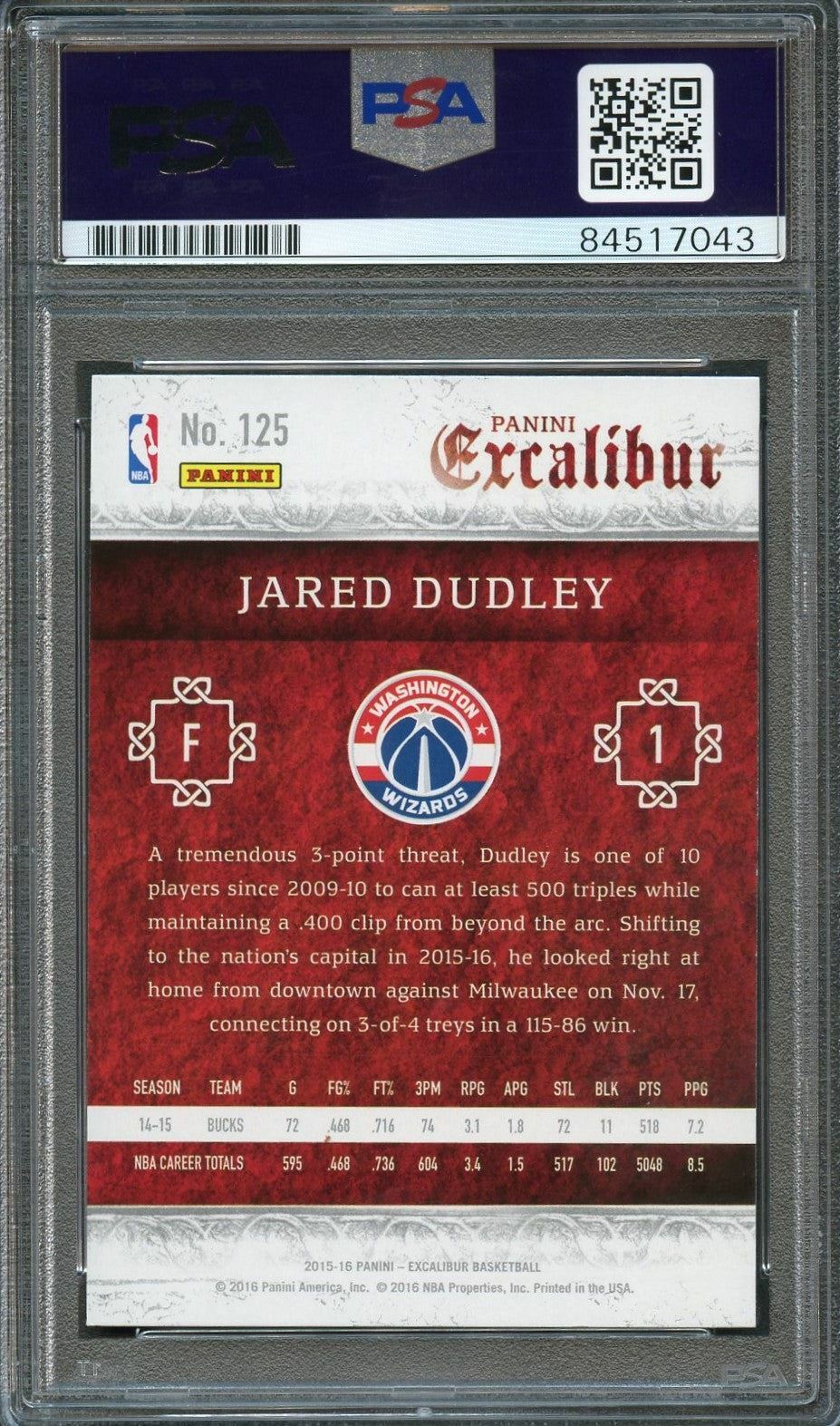 2015-16 Panini Excalibur #125 Jared Dudley Signed Card AUTO 10 PSA Slabbed Wizar