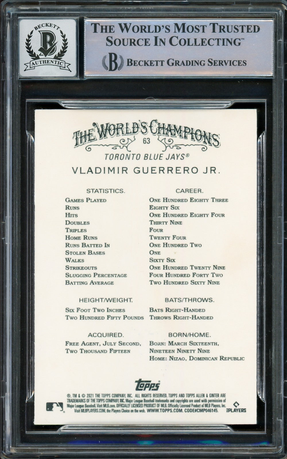 Vladimir Guerrero Jr Auto 2021 Topps Allen Ginter Card 63 Jays Sig 10 Beckett