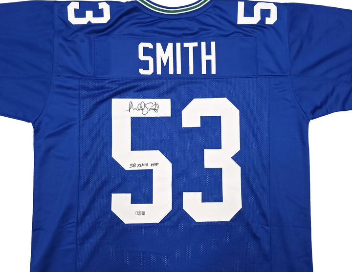 Seahawks Malcolm Smith Signed Blue Jersey "SB LXVIII MVP" Beckett Witness