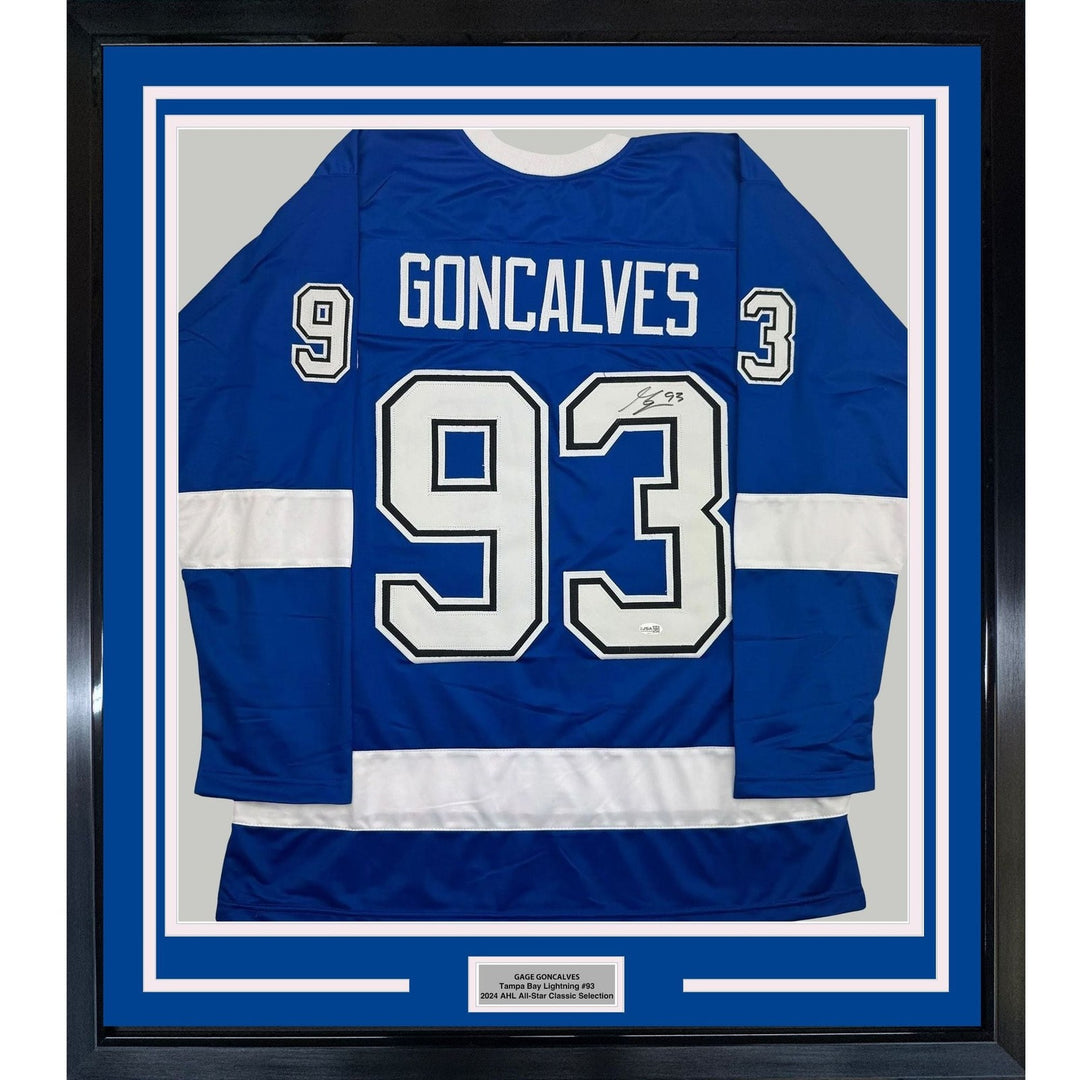 Framed Autographed/Signed Gage Goncalves 35x39 Tampa Bay Jersey JSA COA