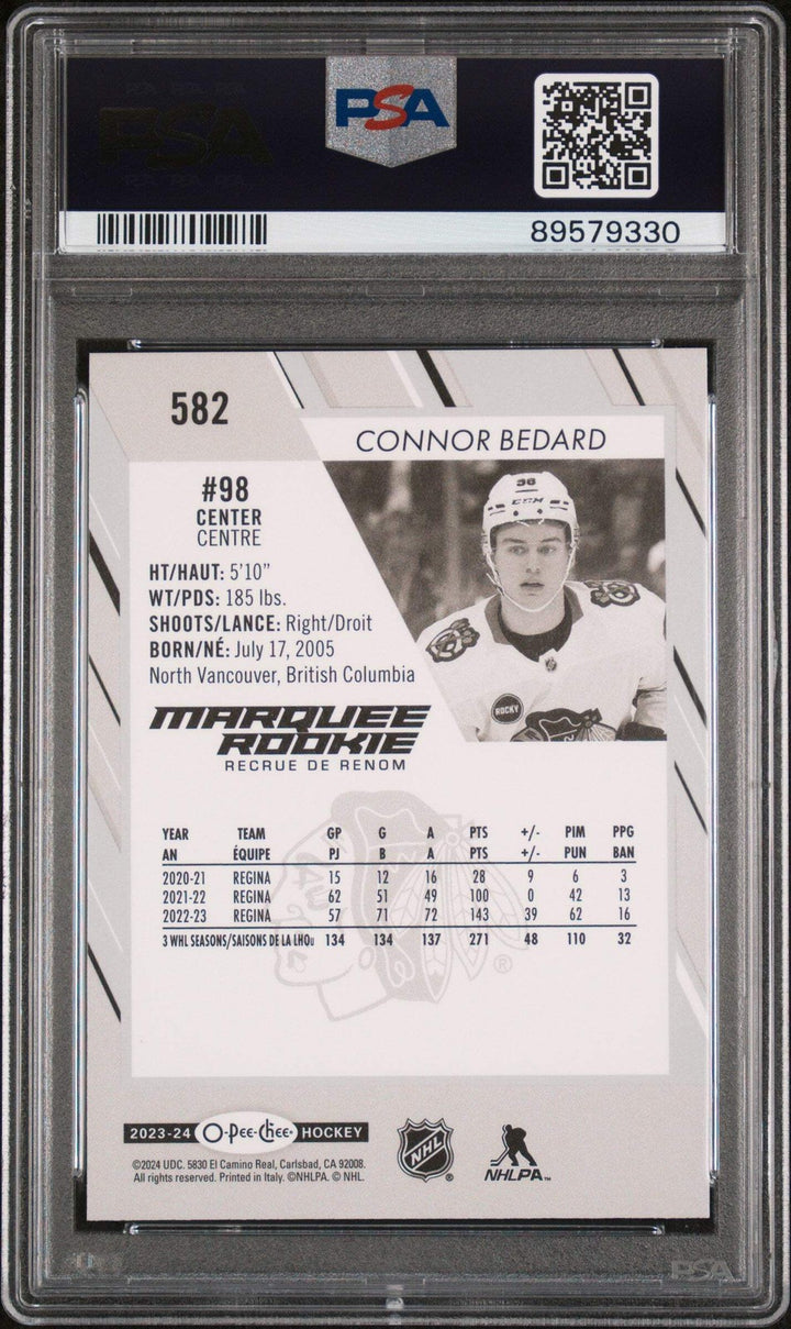 Graded 2023 Upper Deck O-pee-Chee Connor Bedard #582 Rookie Hockey Card PSA 10