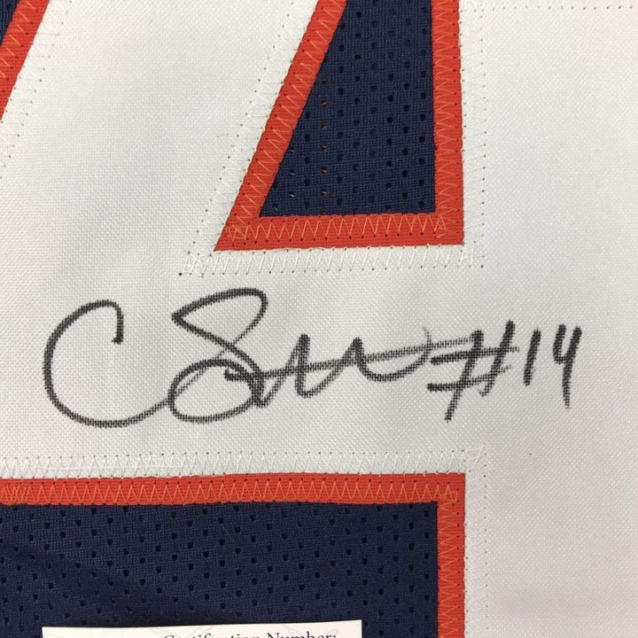 Framed Autographed/Signed Courtland Sutton 35x39 Denver Blue Jersey JSA COA