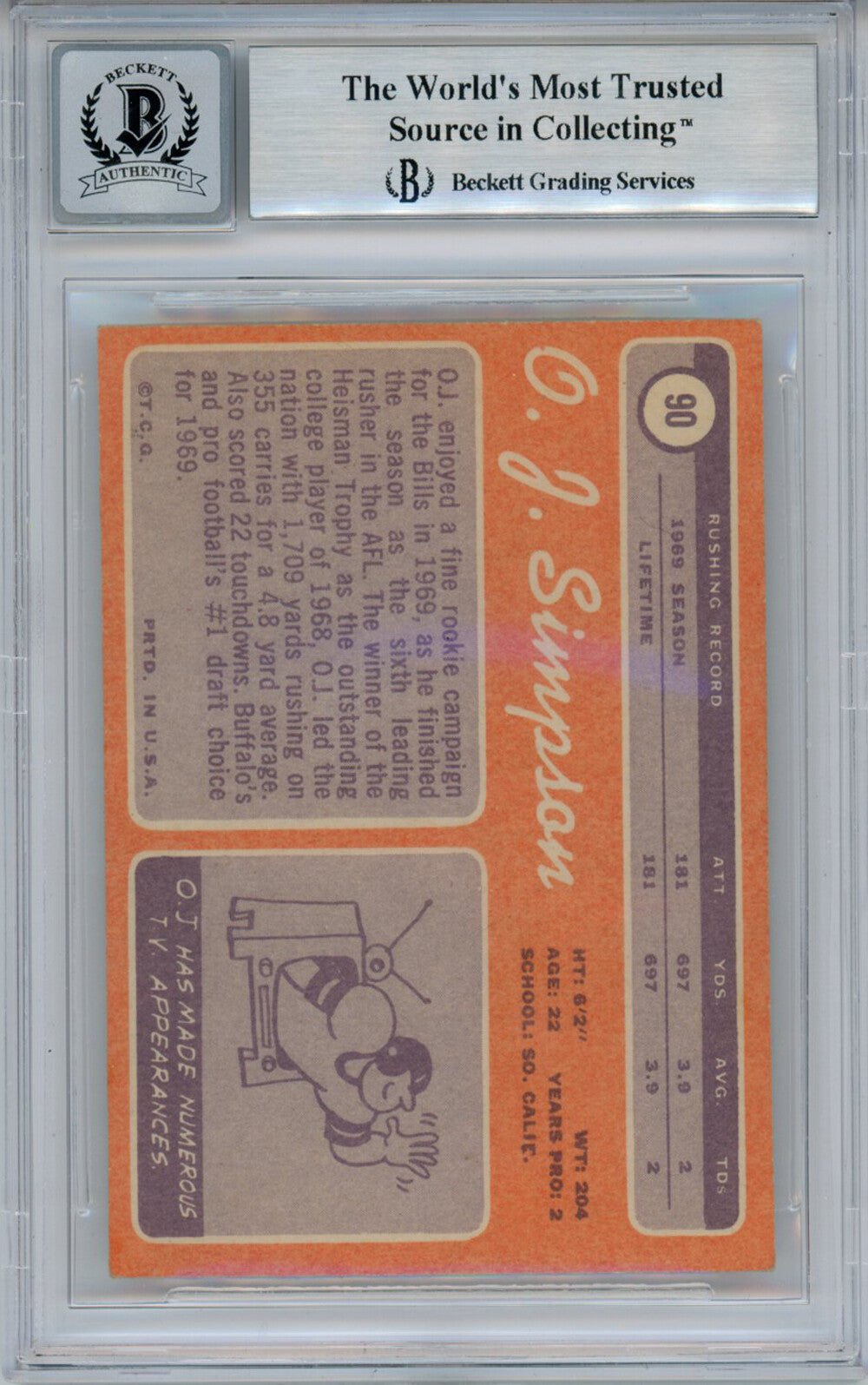 O.J. Simpson Autographed 1970 Topps #90 Rookie Card HOF BAS 10 Slab 31716