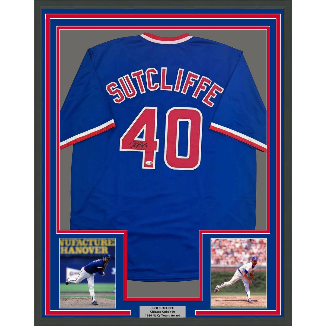 Framed Autographed/Signed Rick Sutcliffe 35x39 Chicago Blue Jersey BAS COA