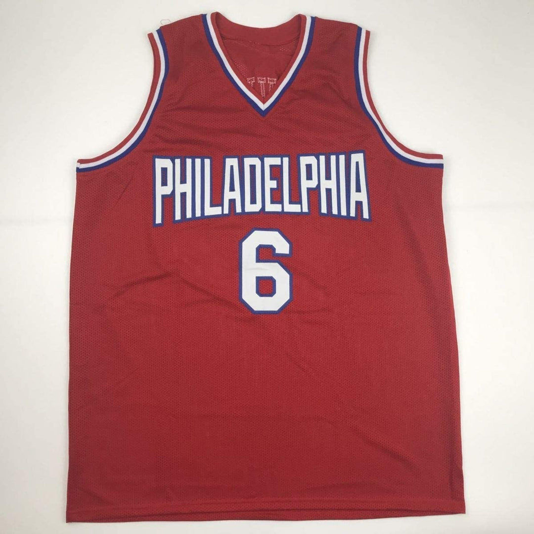 Autographed/Signed Julius Erving Dr. J Philadelphia Red Jersey Beckett COA