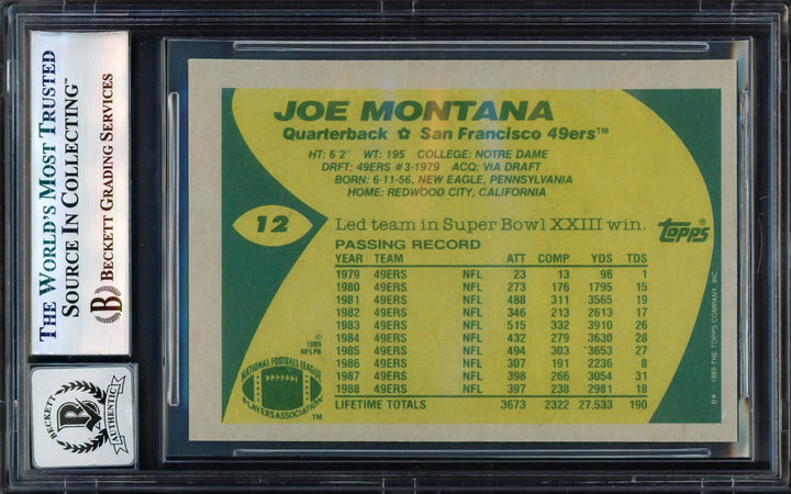Joe Montana Signed 1989 Topps Card 12 San Francisco 49ers Auto GM 10 Beckett