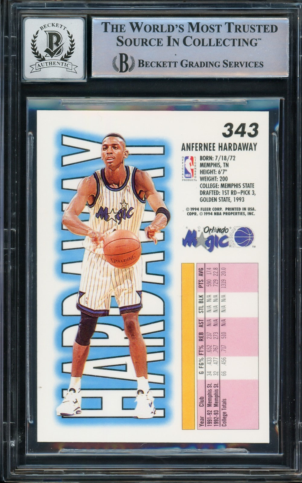Anfernee Hardaway Signed 1993-94 Fleer RC 343 Orlando Magic Auto GM 10 Beckett