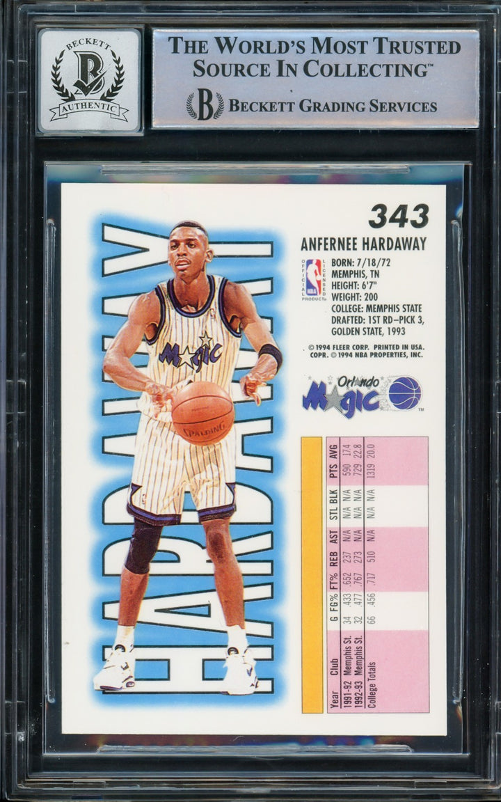 Anfernee Hardaway Signed 1993-94 Fleer RC 343 Orlando Magic Auto GM 10 Beckett