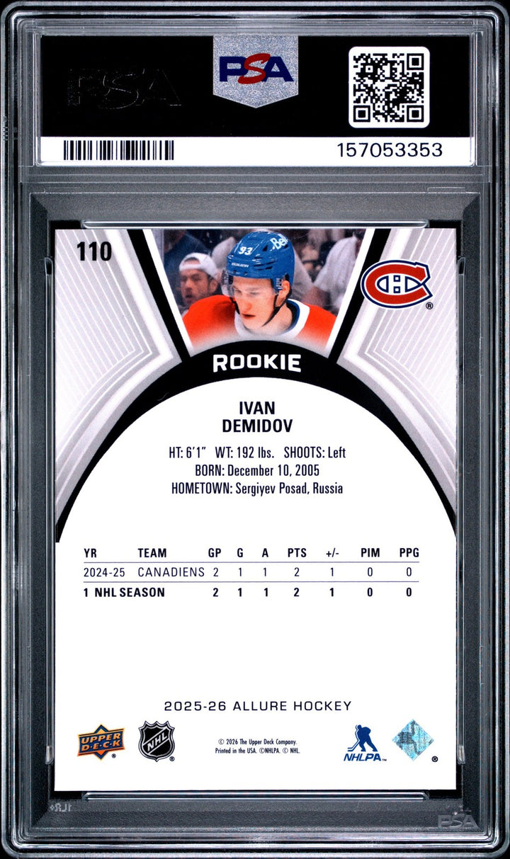 Graded 2025 Upper Deck Allure Ivan Demidov #110 Rookie RC Card PSA 10