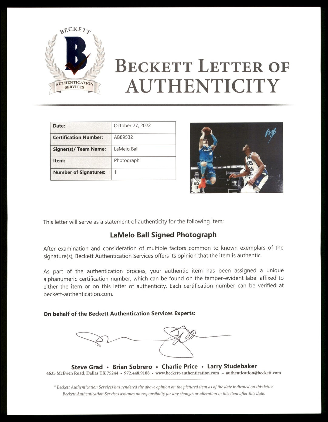 LaMelo Ball Autographed Signed 16x20 Photo Charlotte Hornets Beckett