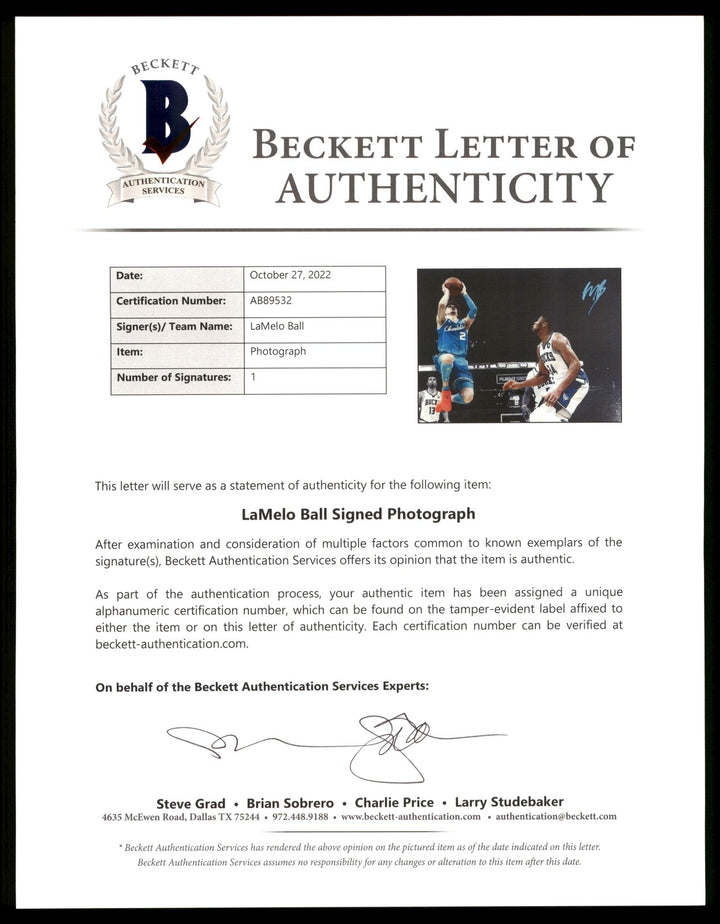 LaMelo Ball Autographed Signed 16x20 Photo Charlotte Hornets Beckett