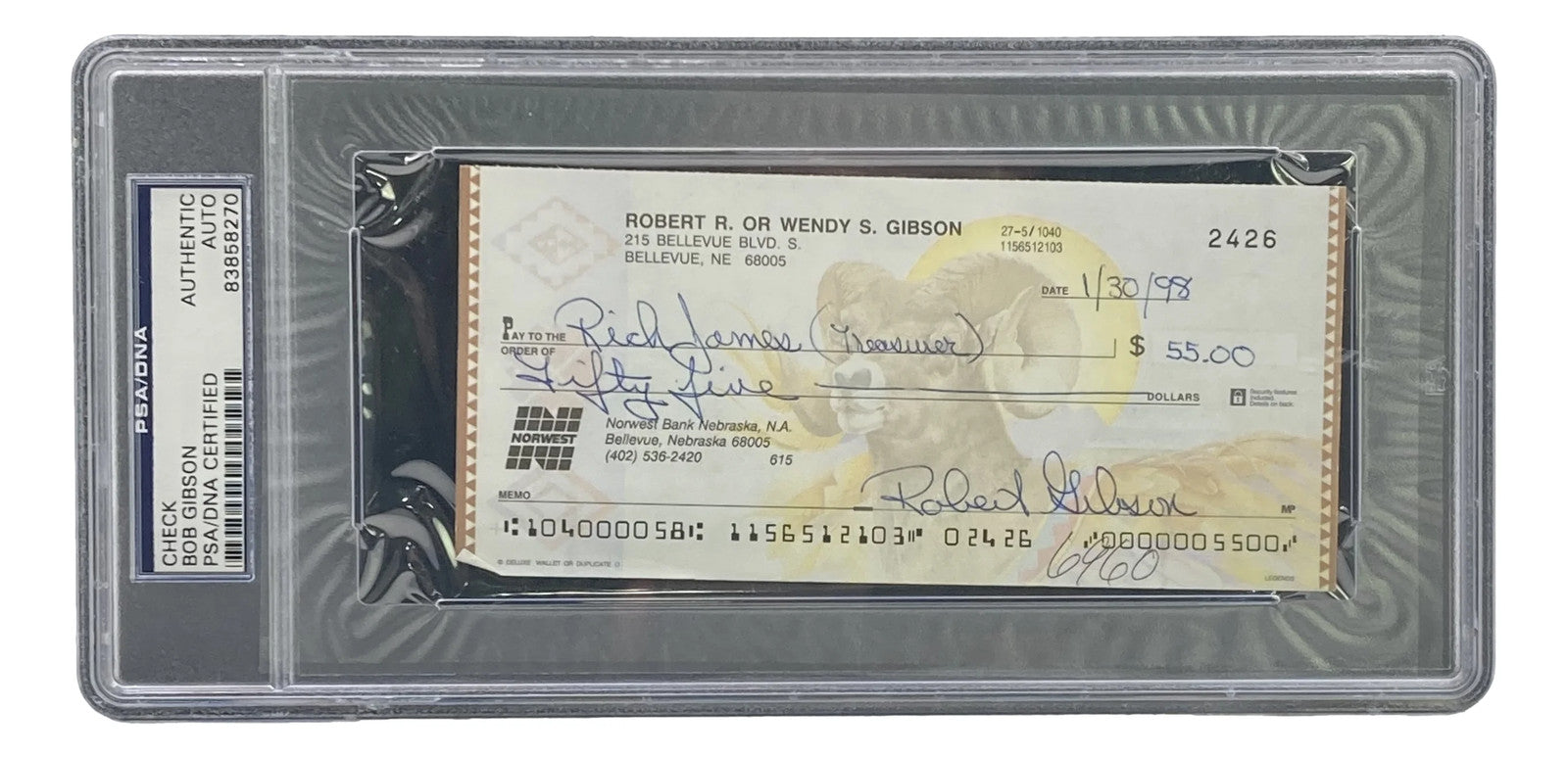Bob Gibson St. Louis Cardinals Signed Slabbed Bank Check #2426 PSA/DNA ...