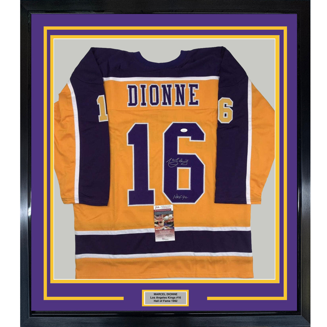 Framed Autographed/Signed Marcel Dionne HOF 92 35x39 LA Yellow Jersey JSA COA