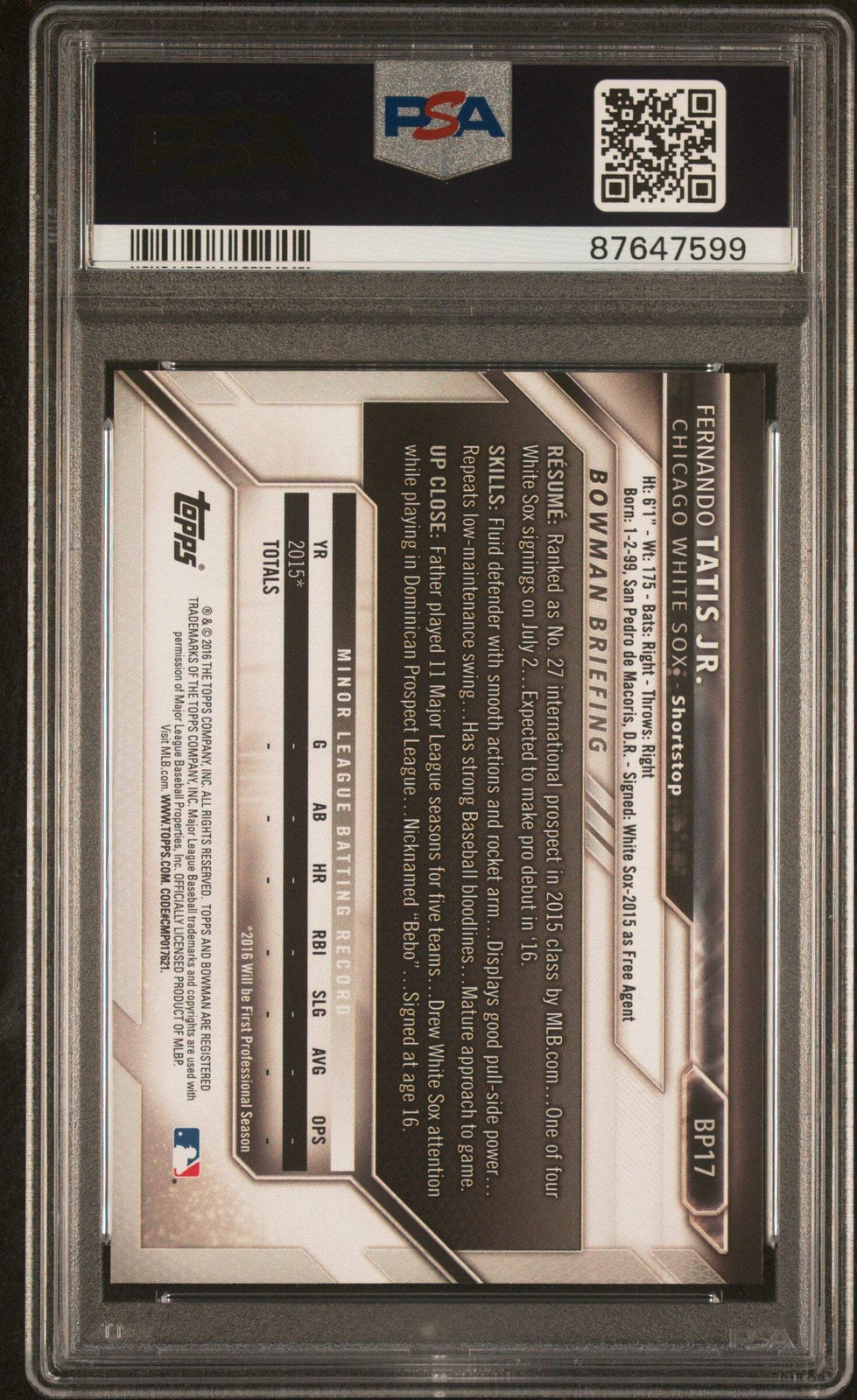 Graded 2016 Topps Bowman Prospects Fernando Tatis Jr. #BP17 Baseball Card PSA 10