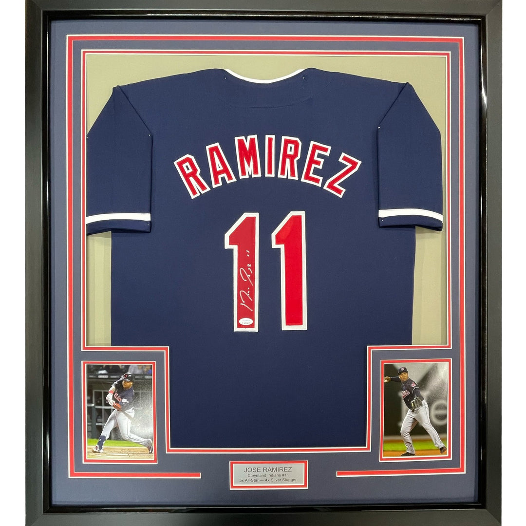 FRAMED Autographed/Signed JOSE RAMIREZ 33x42 Cleveland Blue Jersey BAS COA