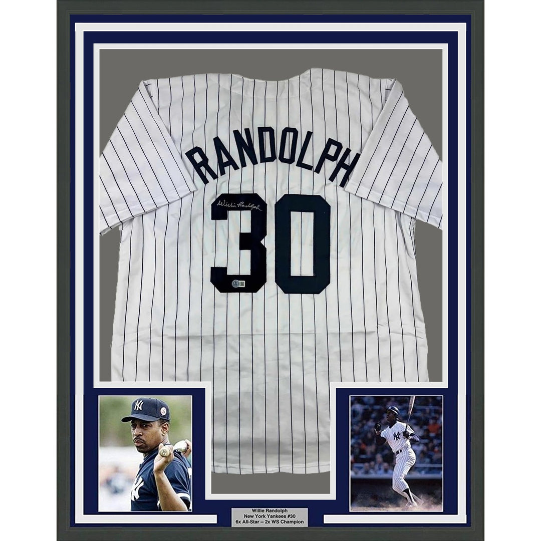 Framed Autographed/Signed Willie Randolph 35x39 NY Pinstripe Jersey BAS COA
