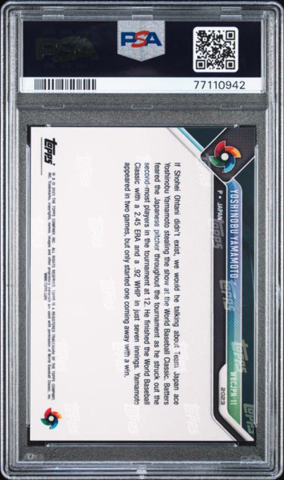 Graded 2023 Now Yoshinobu Yamamoto #WBCJPN11 WBC Champ Team Baseball Card PSA 10