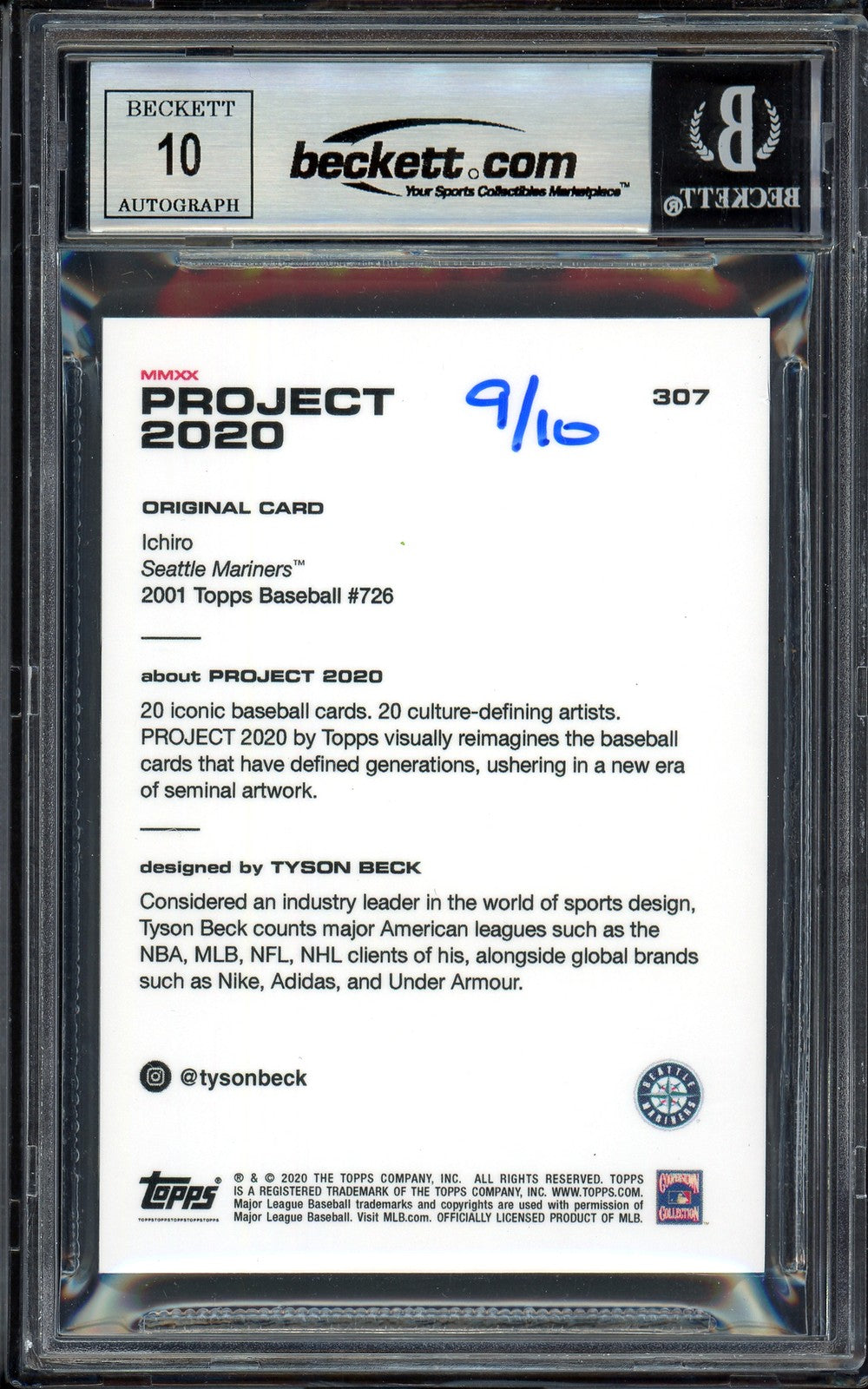 Ichiro Suzuki Auto Topps Project 2020 Tyson Beck Card 307 Sig 10 /10 Beckett