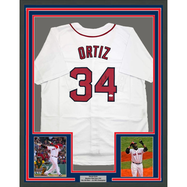 Framed Autographed/Signed David Ortiz 35x39 Boston White Jersey JSA COA