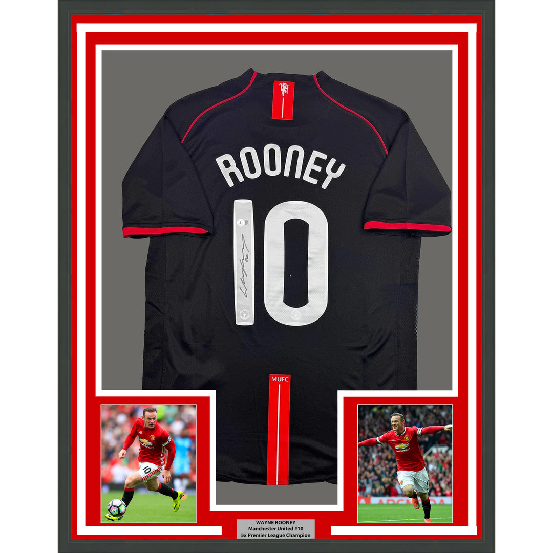 Framed Autographed/Signed Wayne Rooney 35x39 Manchester Black Jersey Beckett COA