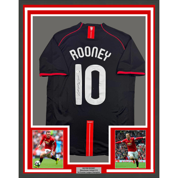 Framed Autographed/Signed Wayne Rooney 35x39 Manchester Black Jersey Beckett COA